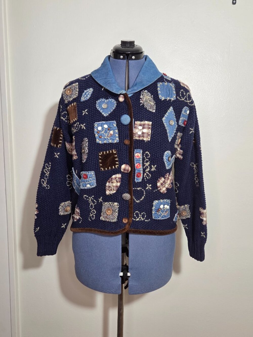 Vintage 90’s Elana Carello Navy Fall Patchwork Cotton Blend Crew Neck Cardigan S